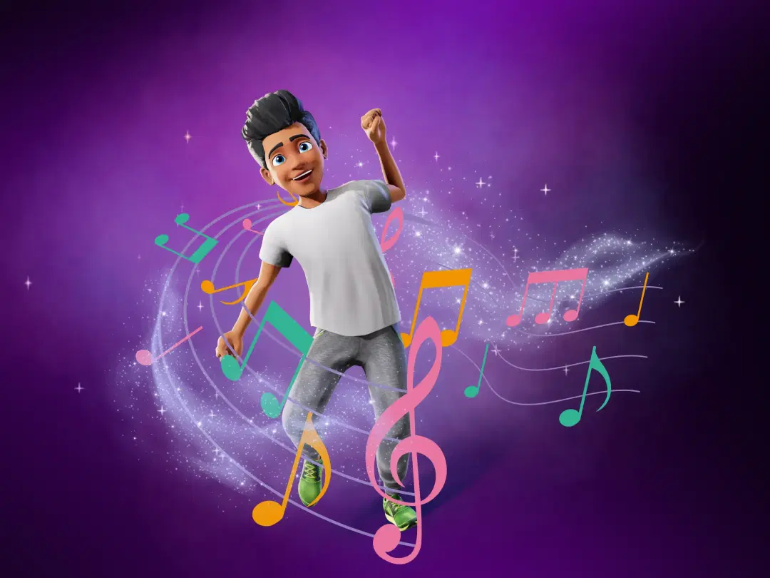 Krikey AI Animation Maker for videos also has music AI tools, this image shows a custom cartoon character dancing with musical notes swirling around.