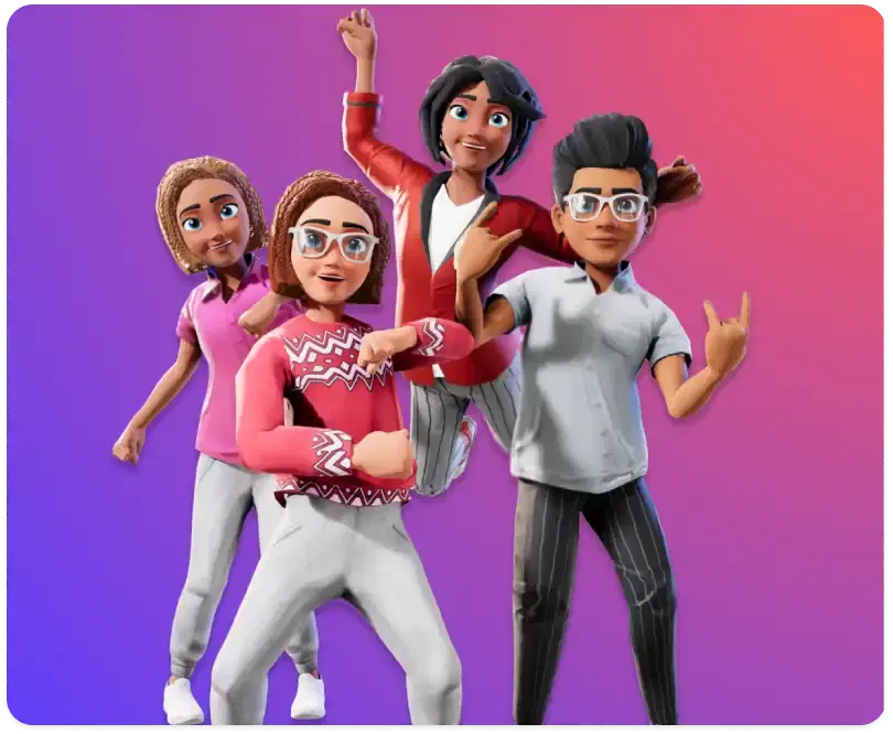 A poster features four Krikey AI Avatars generated with the 3D Avatar creator tool, one in a pink collared shirt, another a pink patterned sweater, one in a red blazer and another in a grey collared shirt.