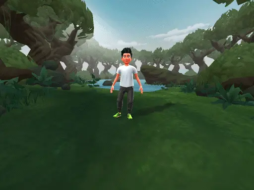 Video editor camera shot type of a wide shot is shown in this image with a custom 3D Avatar cartoon character standing in an aesthetic background.