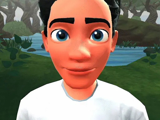 Extreme close up camera shot type of a cartoon character in the Krikey AI 3D video editor with custom cartoon characters and face animator tools.
