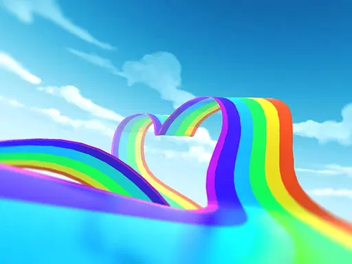 Rainbow heart shaped aesthetic background for 3D Animation videos inside Krikey AI Video editor, includes teal color, periwinkle color and fuschia pink color.