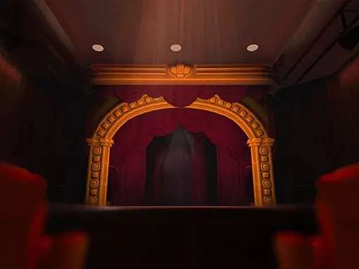 Cool 3D aesthetic background of theater stage pijja palace within Krikey AI Animation maker video editor, easy to add custom cartoon characters. color red.